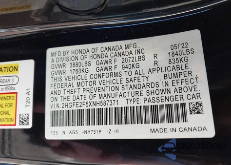 2022 Honda Civic Sport z USA, uszkodzony, nr VIN 2HGFE2F5XNH587371